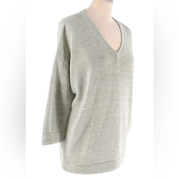 Brunello Cucinelli Heather Green Linen-Blend Sparkle Knit V-neck Sweater - Picture 2 of 13